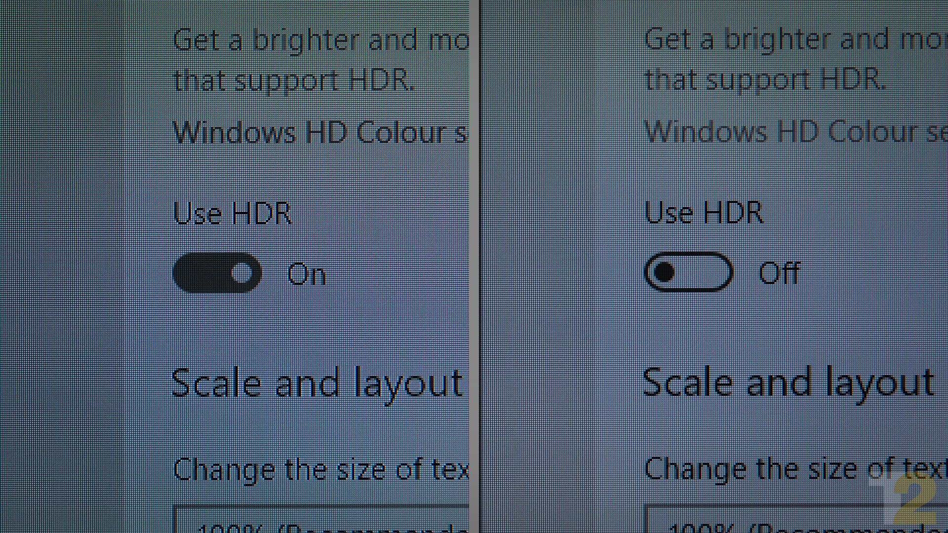 HDR looks great for content, but is painful to use in Windows 10. Here you can see the detrimental effects that enabling HDR has on text rendering in Windows 10. The issue is not as noticeable on macOS. Image: Anirudh Regidi