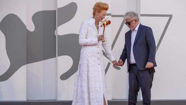 Director Pedro Almodovar, right, and actress Tilda Swinton pose on the red carpet of the movie The human voice during the 77th edition of the Venice Film Festival. AP Photo/Domenico Stinellis
