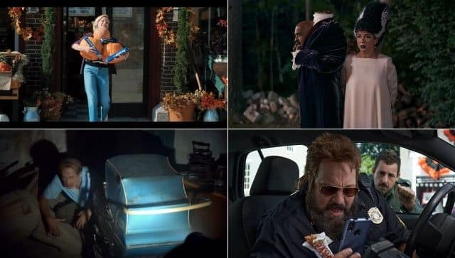 Clockwise: Julie Bowen; Tim Meadows and Maya Rudolf; Kevin James; Steve Buscemi in still from Hubie Halloween