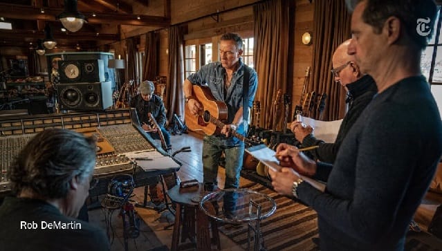 Bruce Springsteen with E Street Band's Max Weinberg, Charlie Giordano, Bruce Springsteen, Roy Bittan and Garry Tallent in the studio.