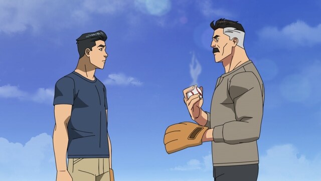 Mark plays catch with dad, Omni-Man