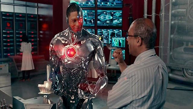 Ray Fisher as Cyborg and Dr Silas Stone in still from Justice League