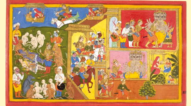 Indrajit uses his magic powers, 1650, folio from Ramayana of Jagat Singh, Yuddha khanda or Battle Book, watercolour on paper, Mewar, British Library, London.