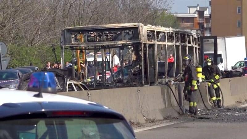 Driver hijacks sets ablaze school bus in Italy children flee unharmed